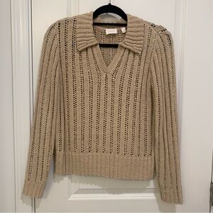 Cyrus Women's Tan Collared V-Neck Knit Sweater Top Size Small